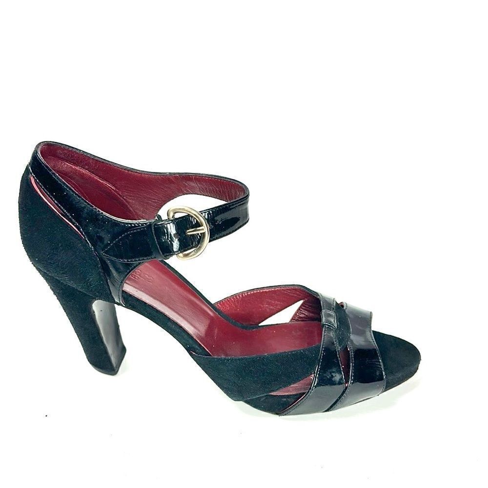 MaxMara Black Heels Suede Patent Leather Peep Toe Mary Jane Italy 40 US 10